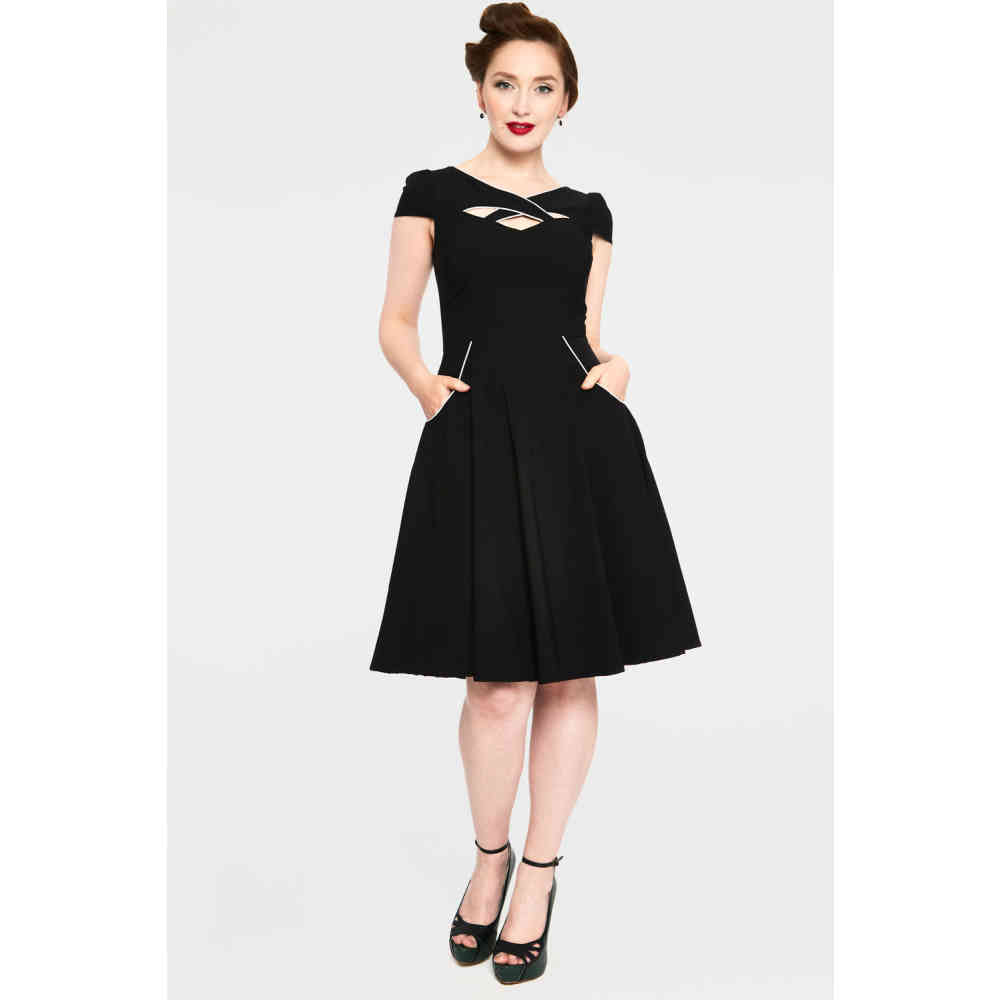 Voodoo Vixen - Connie 1950s Black Contrast Piping Flare jurk - Zwart